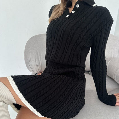 Casual skirt set long sleeved knitted button sweater short skirt two-piece set for women