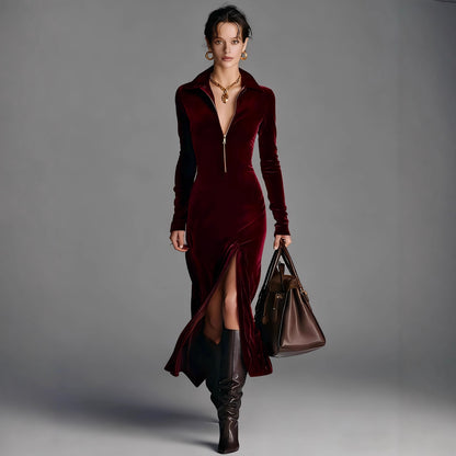 Autumn and Winter Women's Velvet Gorgeous Collar Zipper Front slit Long Dress