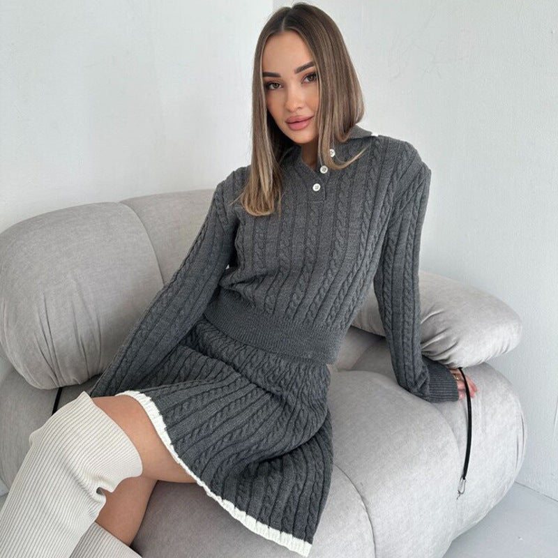 Casual skirt set long sleeved knitted button sweater short skirt two-piece set for women