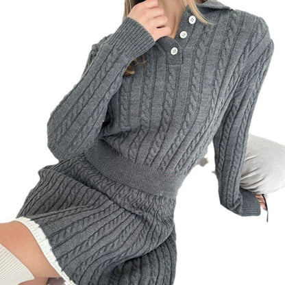 Casual skirt set long sleeved knitted button sweater short skirt two-piece set for women