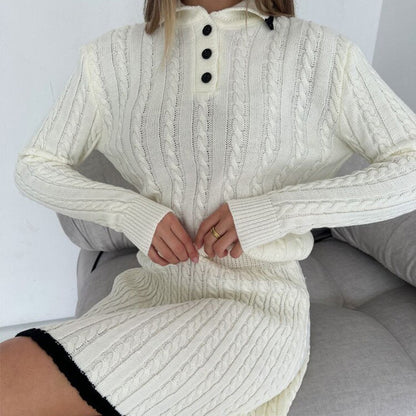 Casual skirt set long sleeved knitted button sweater short skirt two-piece set for women