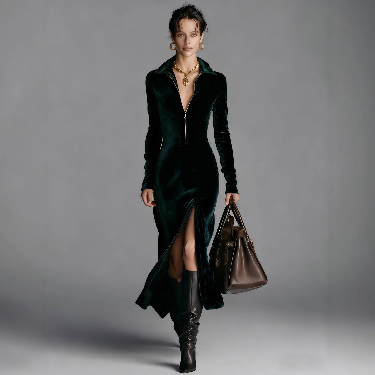 Autumn and Winter Women's Velvet Gorgeous Collar Zipper Front slit Long Dress