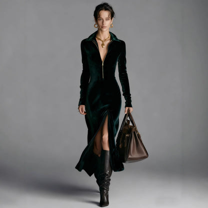 Autumn and Winter Women's Velvet Gorgeous Collar Zipper Front slit Long Dress