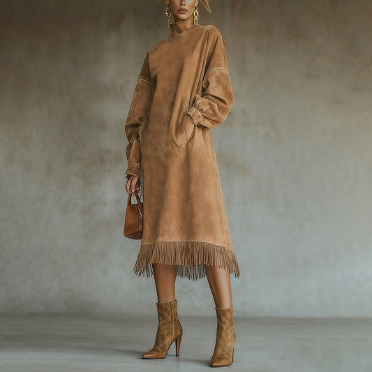 New independent station high neck suede retro loose pocket tassel long sleeved dress long skirt