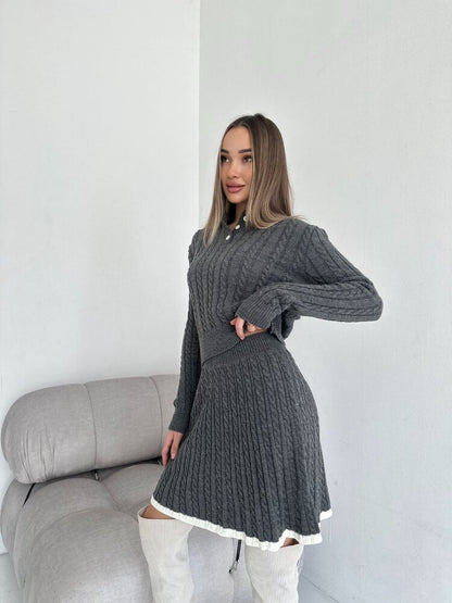 Casual skirt set long sleeved knitted button sweater short skirt two-piece set for women
