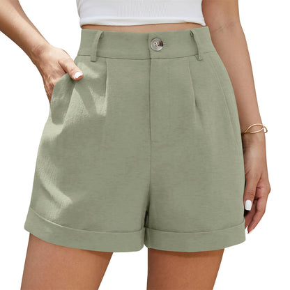 2025 Amazon European and American Shorts Summer New Solid Color Cotton and Linen High Waist Button Casual Loose Casual Women